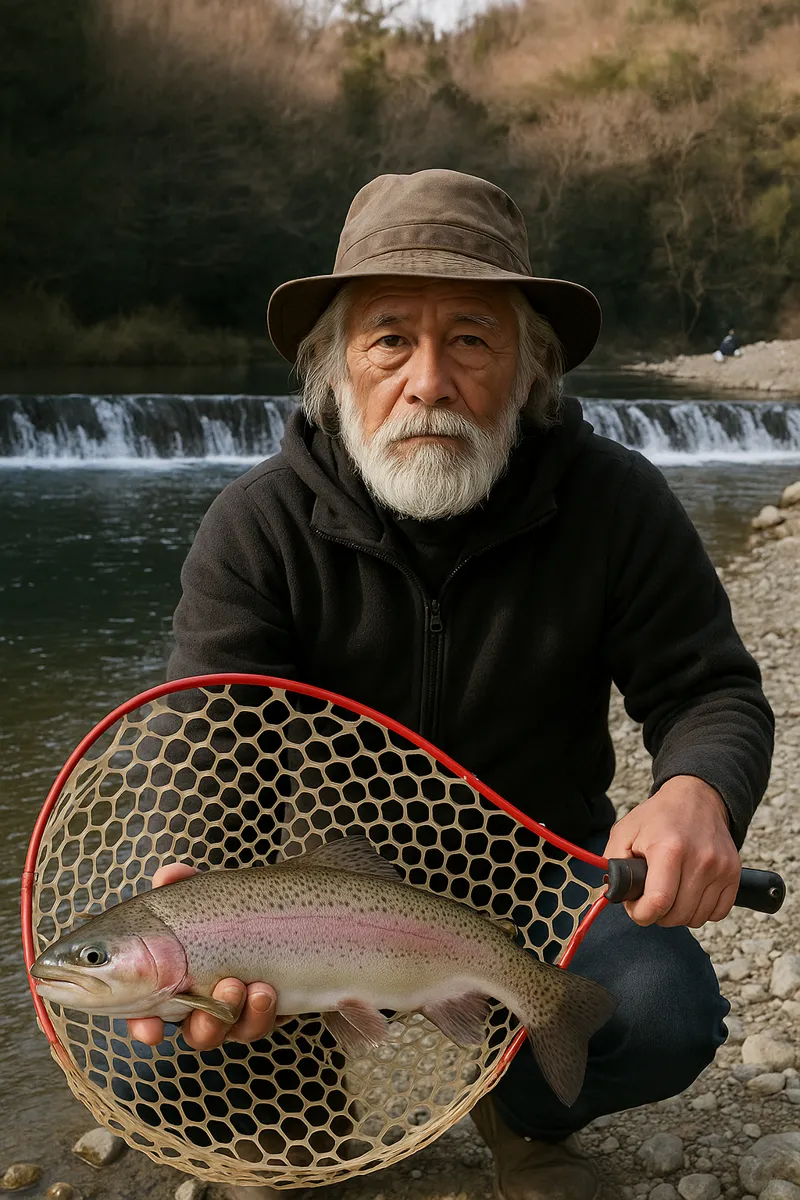 北田原マス釣り場でニジマスの釣果を得た米田.webp