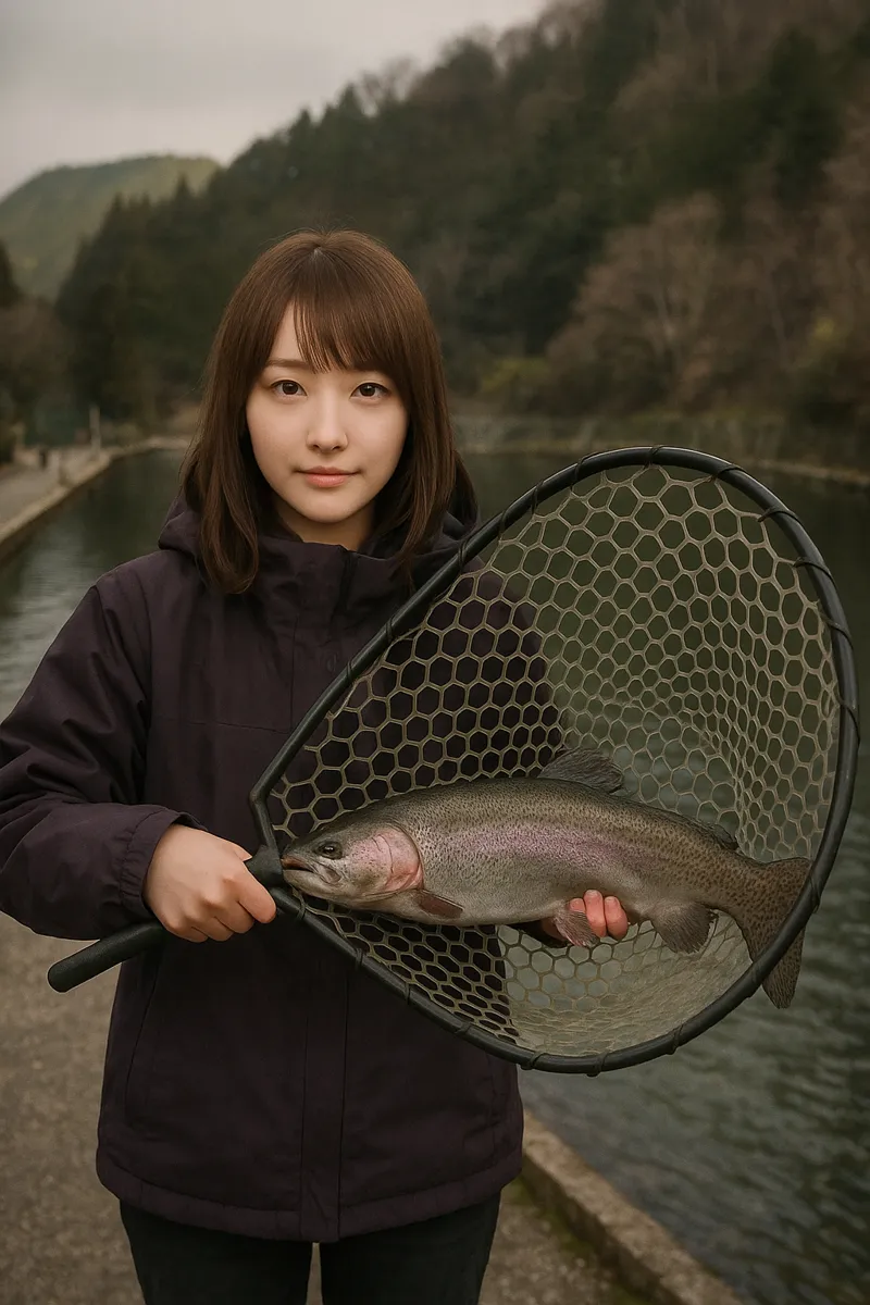 千早川マス釣り場でニジマスの釣果を得た山際.webp