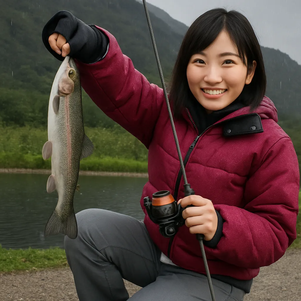 千曲川でニジマスの釣果を得た女性.webp