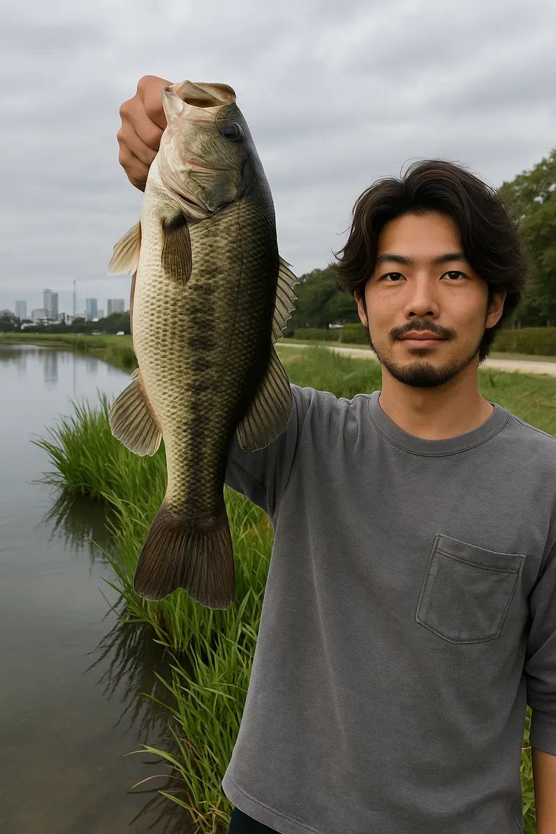 千波湖でブラックバスの釣果を得た澤田.webp
