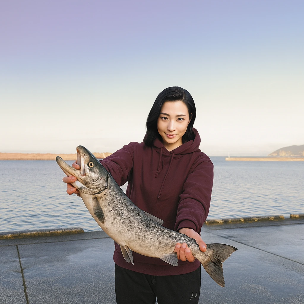 古平漁港でサケの釣果を得た八重田.webp