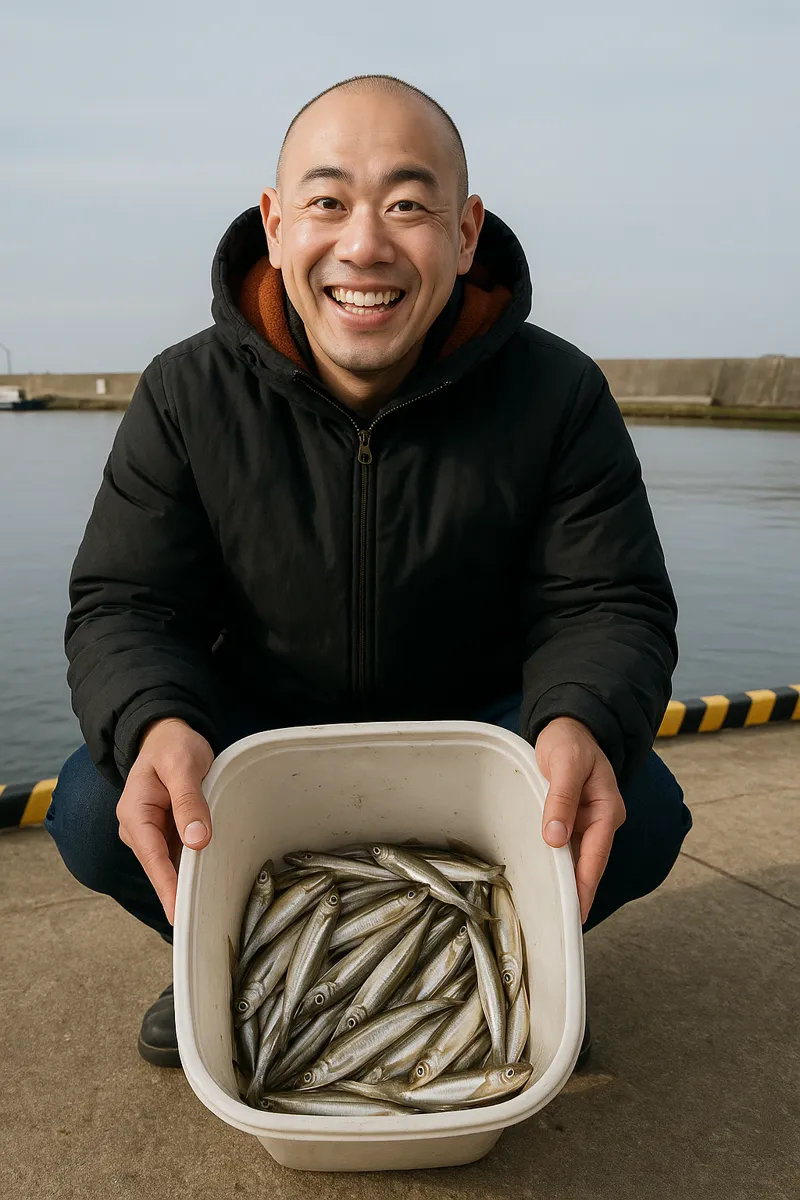 古部漁港でチカの釣果を得たがんだま君.webp