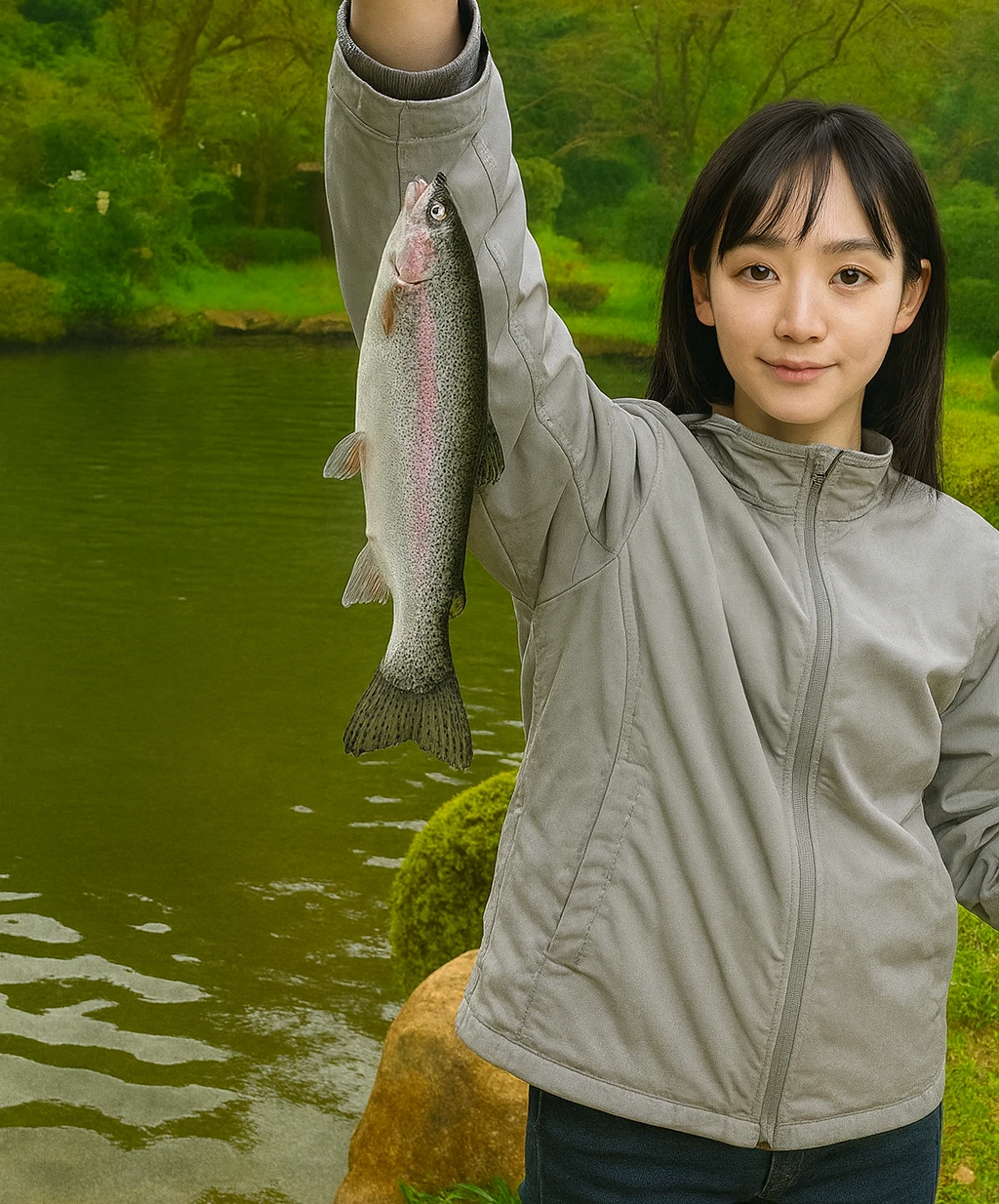 右平養魚場でニジマスの釣果を得た国生.webp