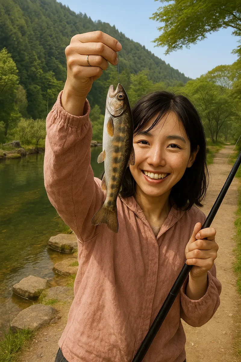右平養魚場でヤマメの釣果を得た黒川.webp