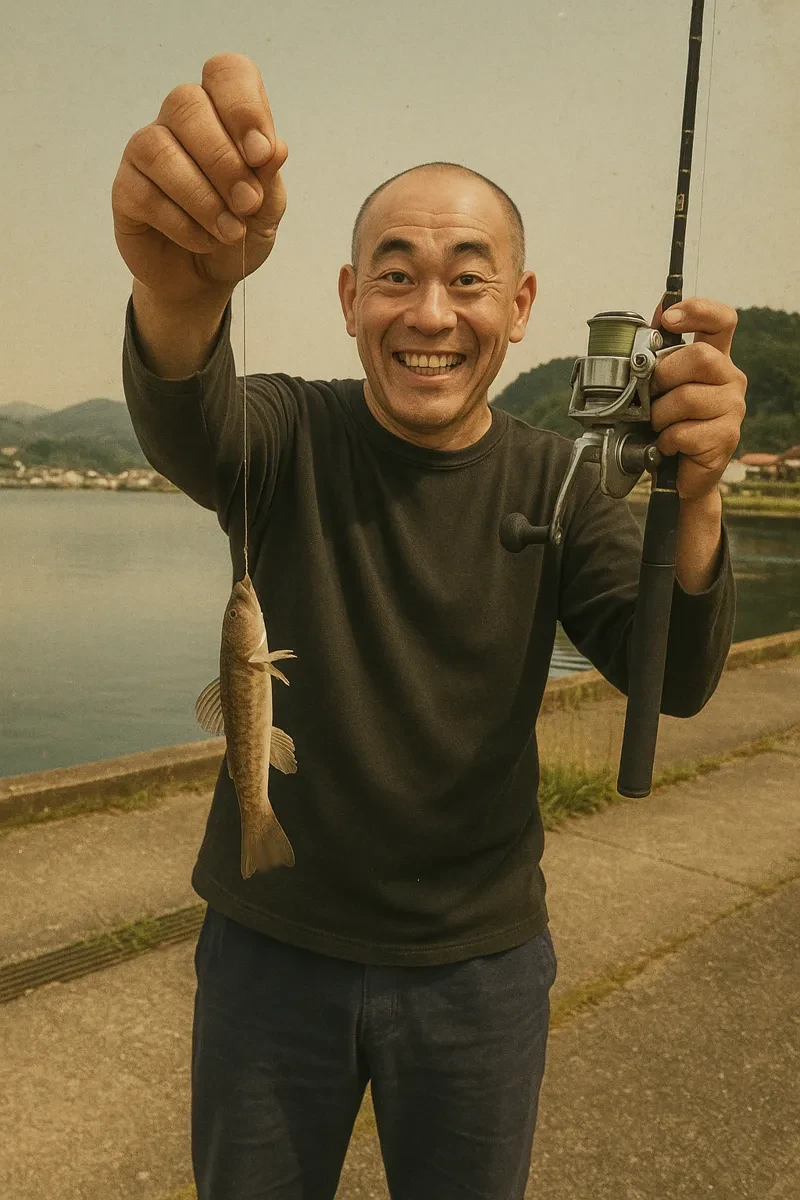 吉岡漁港でマハゼの釣果を得たがんだま君.webp