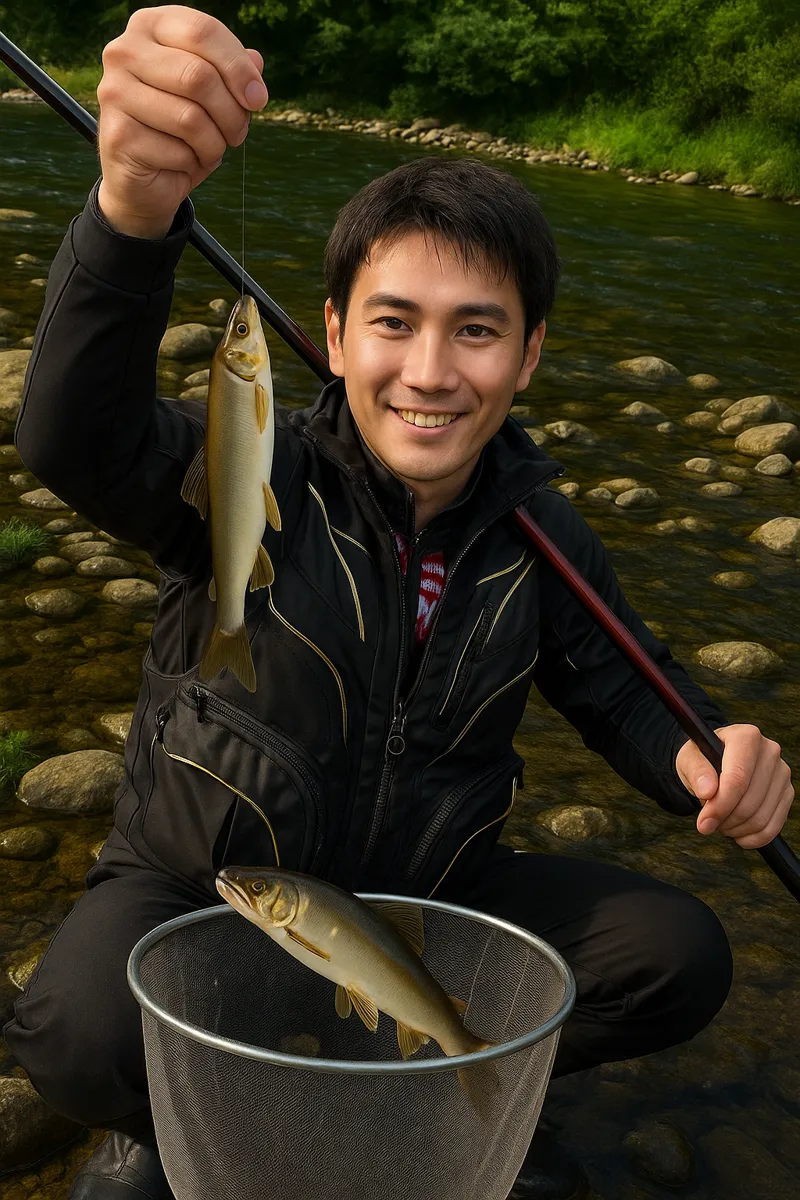 名張川でアユの釣果を得た新崎.webp