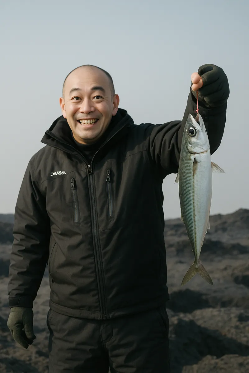 城ヶ島でサバの釣果を得たがんだま君.webp