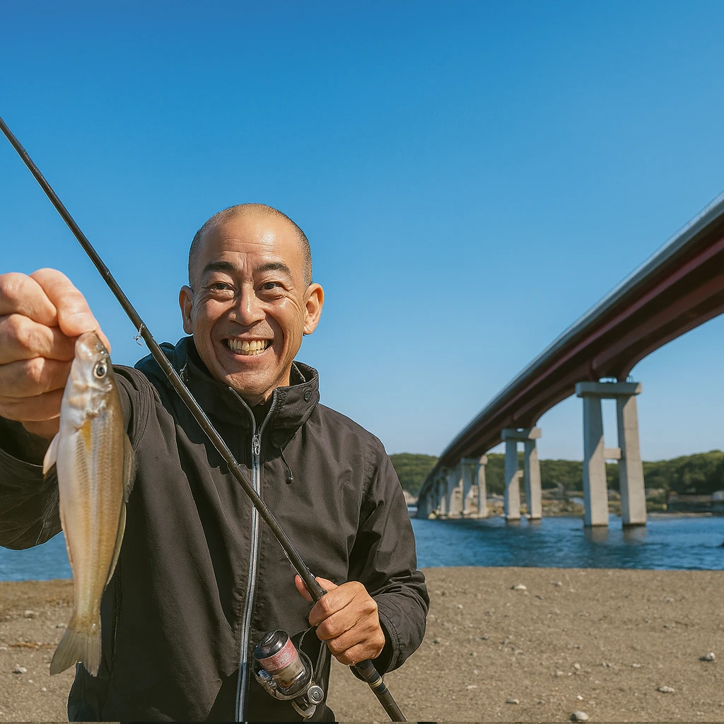 城ヶ島でシロギスの釣果を得たがんだま君.webp