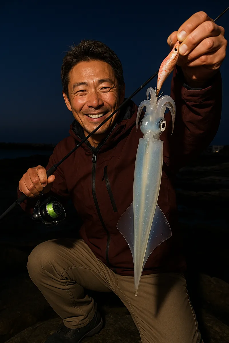 城ヶ島でヤリイカの釣果を得た亀岡.webp