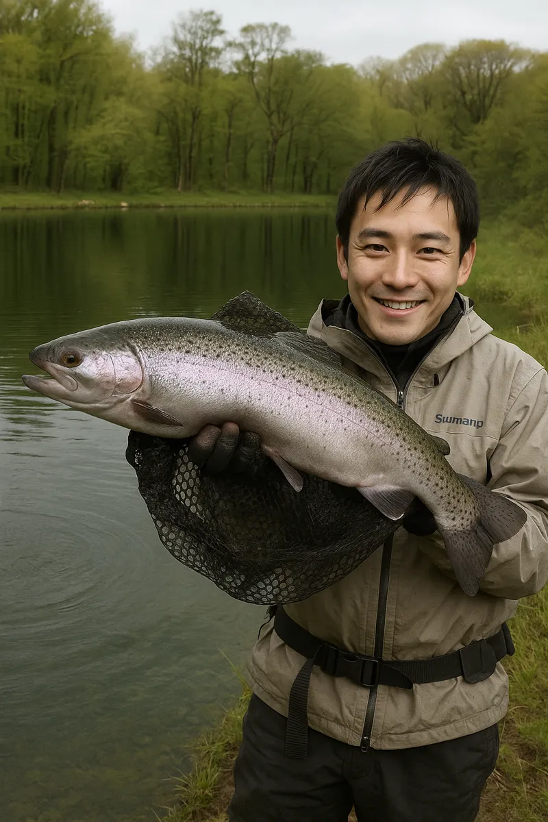 士幌フィッシングパークでニジマスの釣果を得た新崎.webp