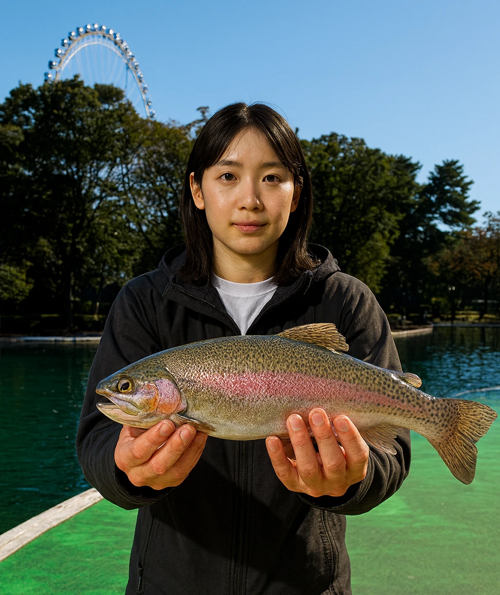 多摩湖駅前フィッシングエリアでニジマスの釣果を得た森永.webp