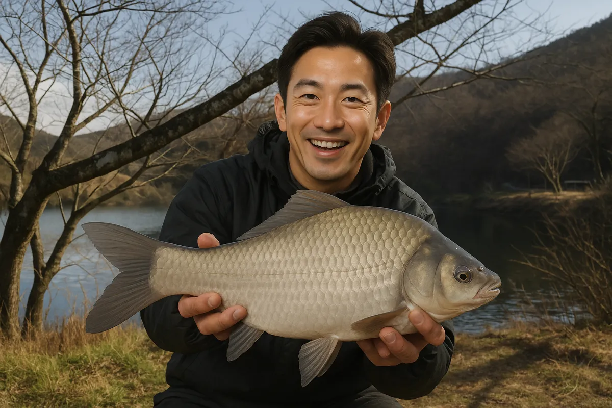 大塩湖でヘラブナの釣果を得た勝田.webp