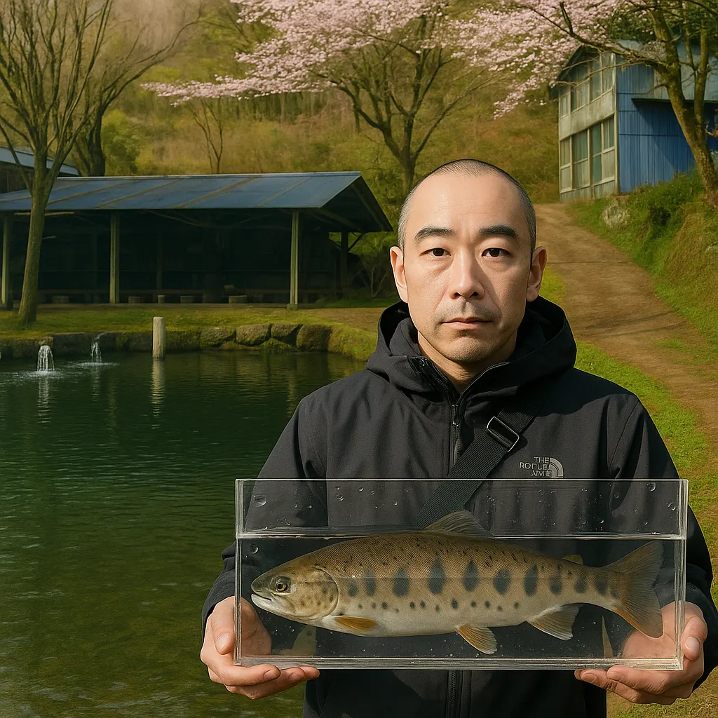 大山フィッシングセンターでヤマメの釣果を得たがんだま君.webp