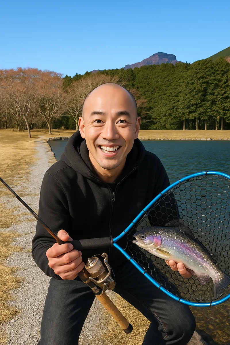 大芦川F&Cフィールドビレッジでニジマスの釣果を得たがんだま君.webp