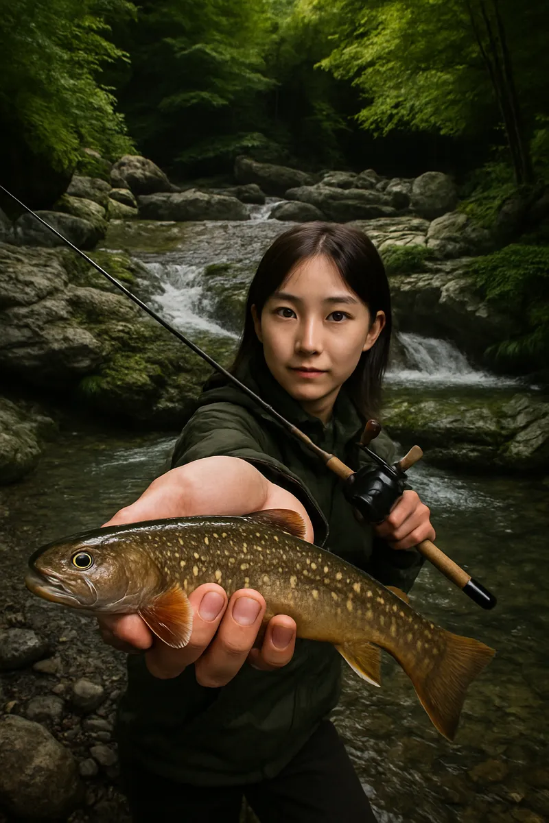 大血川渓流観光釣場でイワナの釣果を得た森永.webp