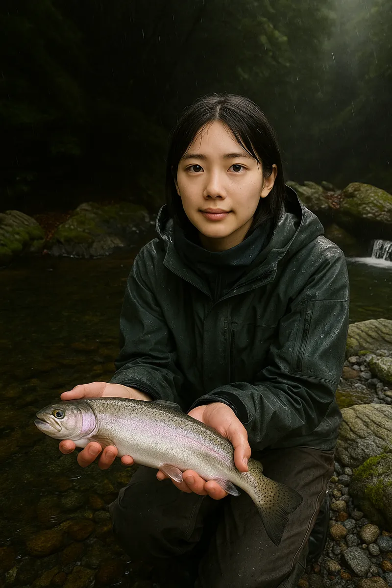 大血川渓流観光釣場でニジマスの釣果を得た森永.webp