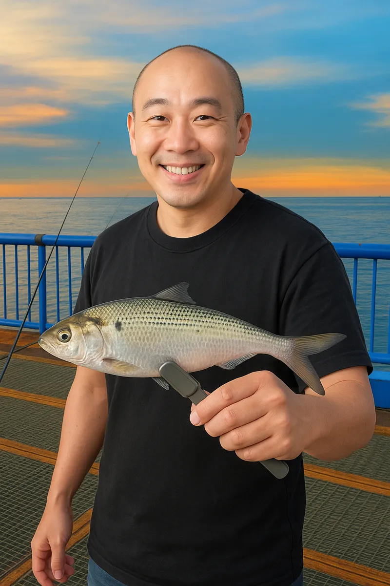 大黒海釣り施設でコノシロの釣果を得たがんだま君.webp