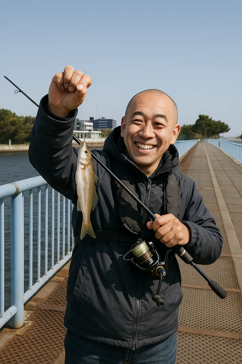大黒海釣り施設でシロギスの釣果を得たがんだま君.webp
