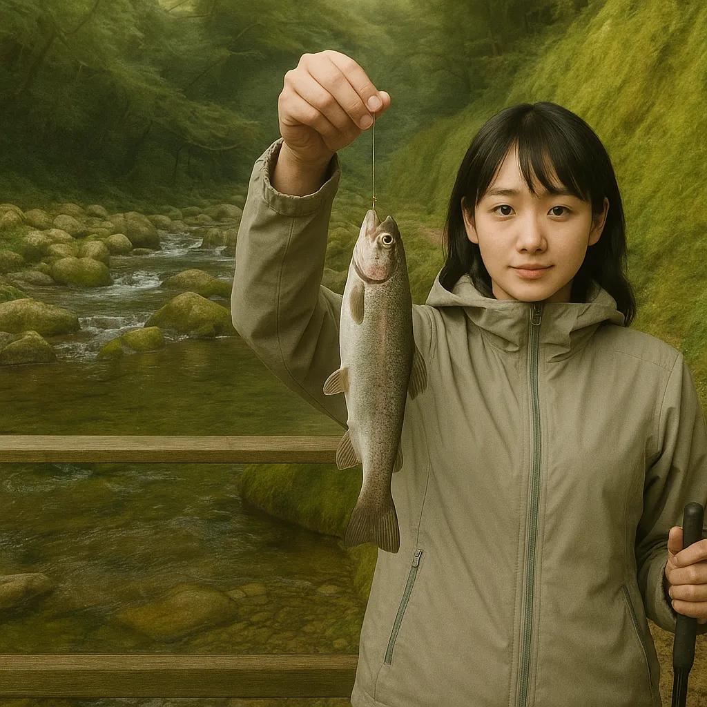 天城国際鱒釣場でニジマスの釣果を得た国主.webp