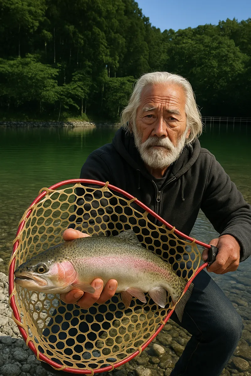 天湖森でニジマスの釣果を得た米田.webp