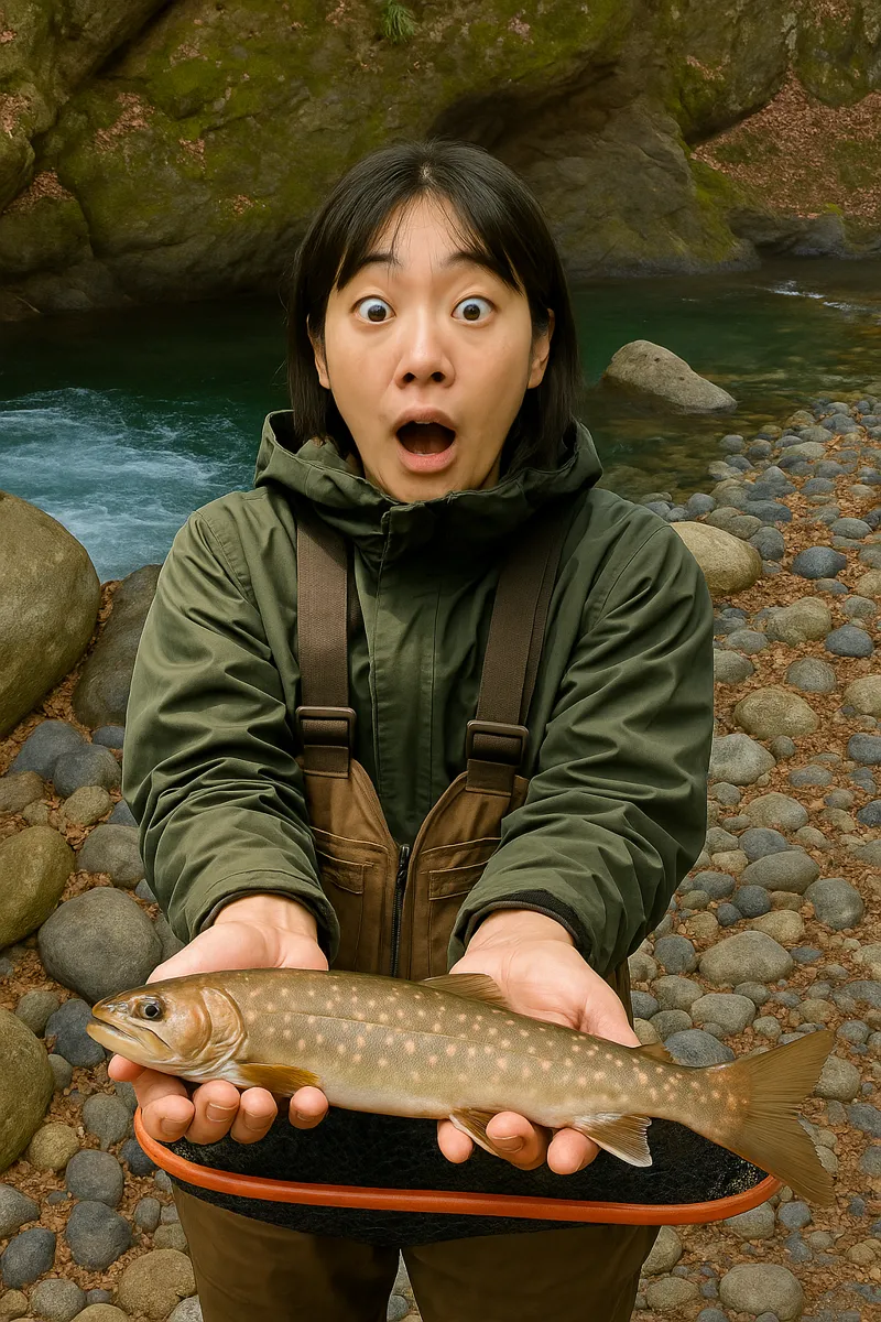 奈良子釣りセンターでイワナの釣果を得た森永.webp