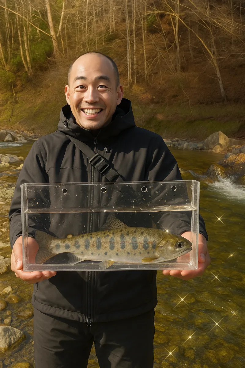 奈良子釣りセンターでヤマメの釣果を得たがんだま君.webp