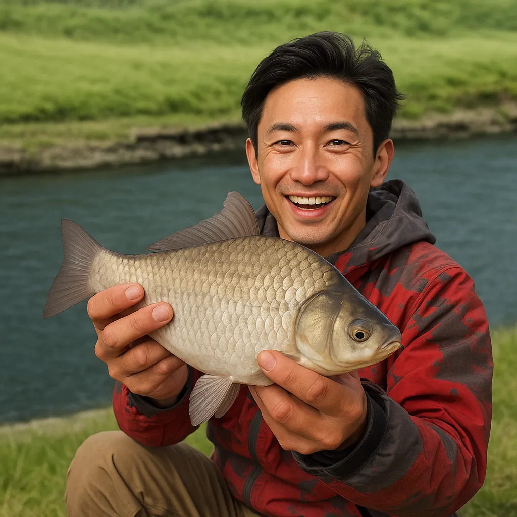 奥多摩湖でヘラブナの釣果を得た勝田.webp
