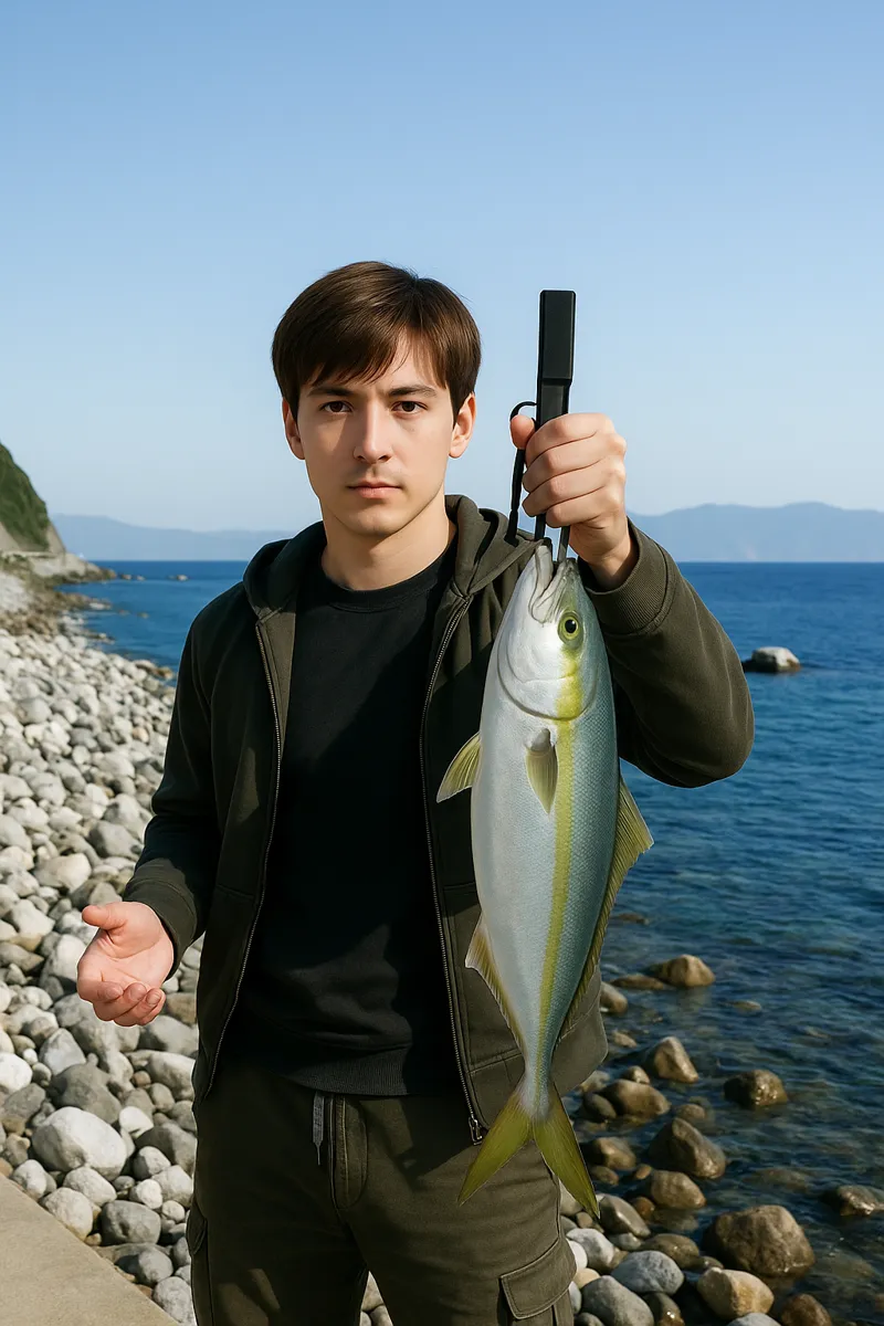 奥尻島でフクラギの釣果を得た久良木.webp