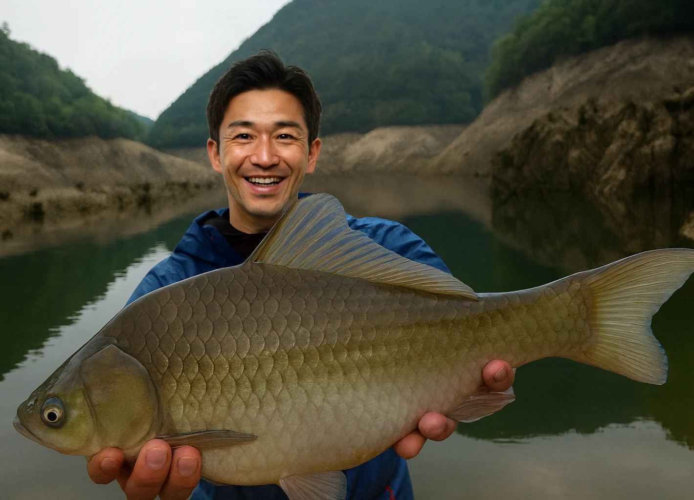 宇連ダムでヘラブナの釣果を得た勝田.webp