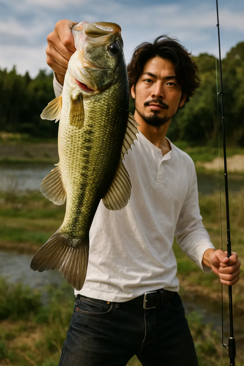 安曇川でブラックバスの釣果を得た澤田.webp