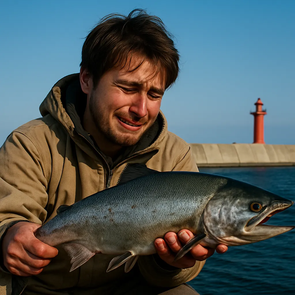 宗谷港でサケの釣果を得た男性.webp
