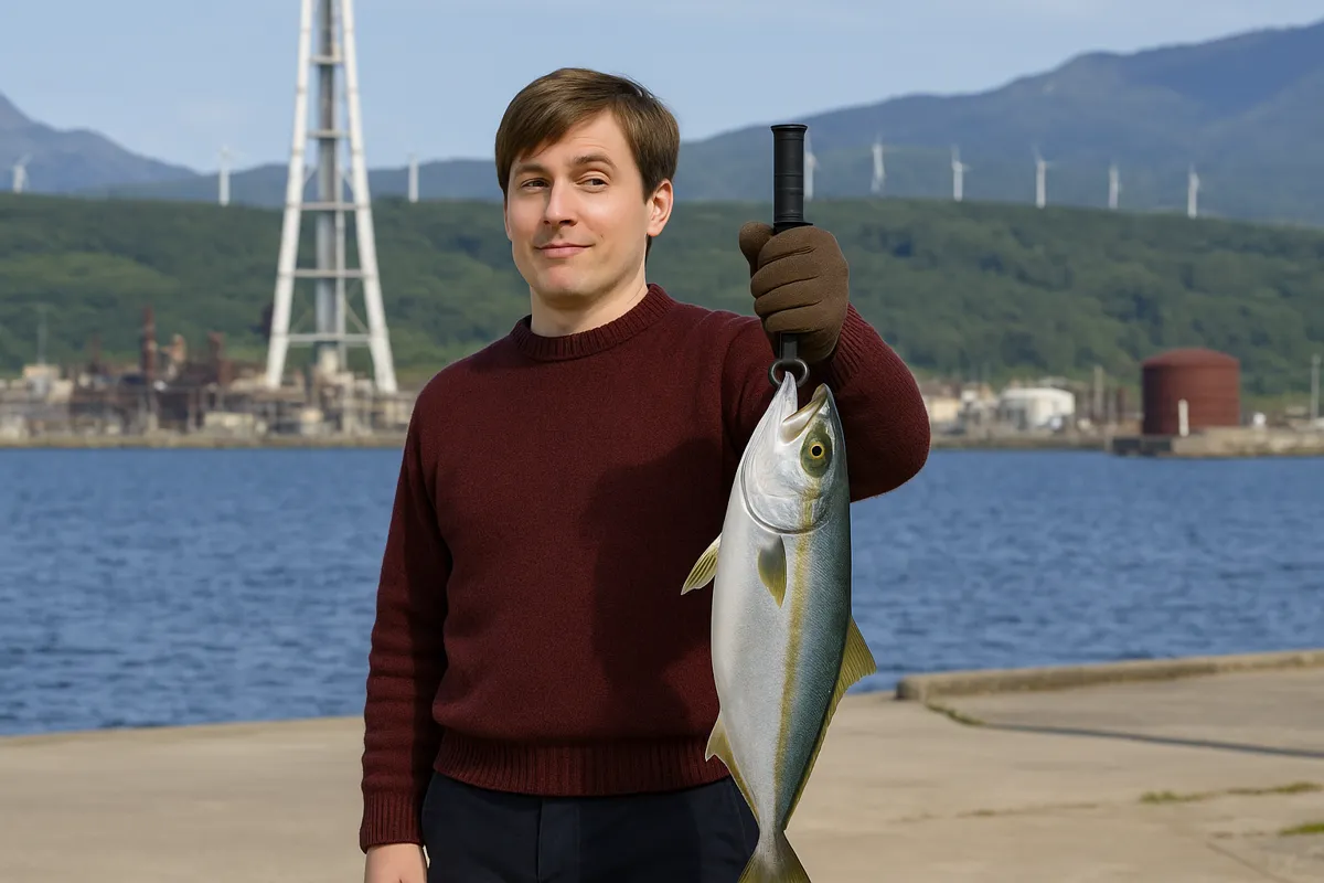 室蘭港でフクラギの釣果を得た男性.webp