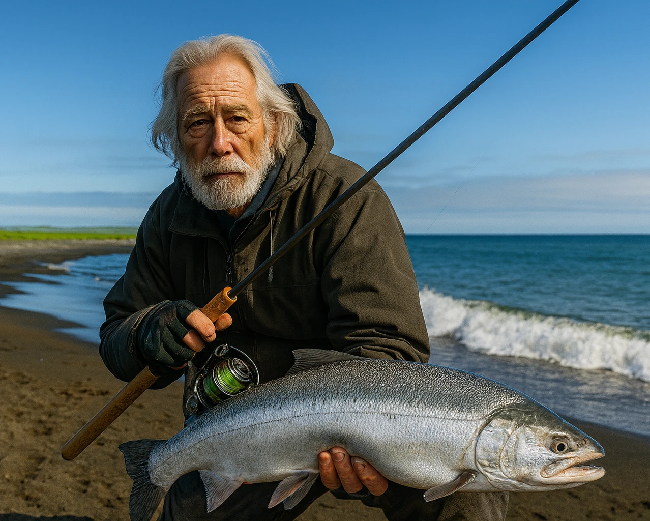 富士見海岸でサクラマスの釣果を得た米田.webp