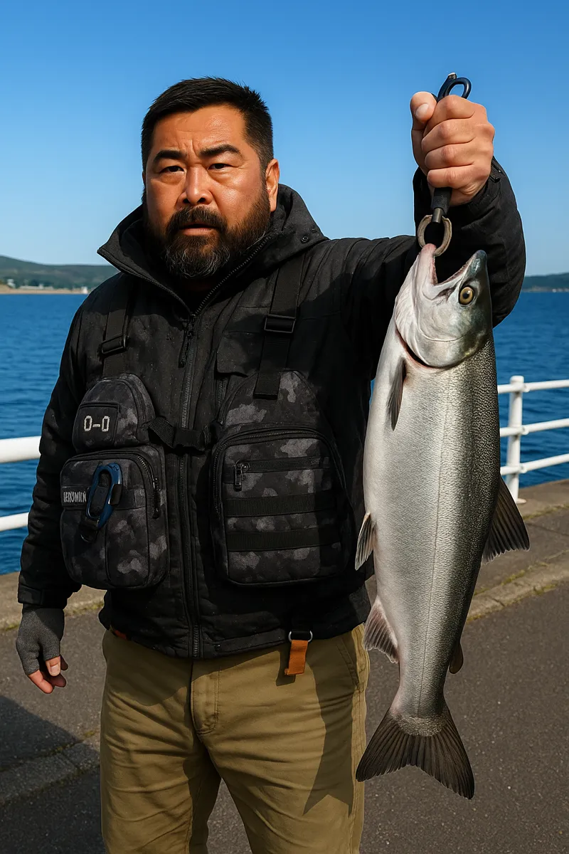富磯漁港でサケの釣果を得た楢崎.webp