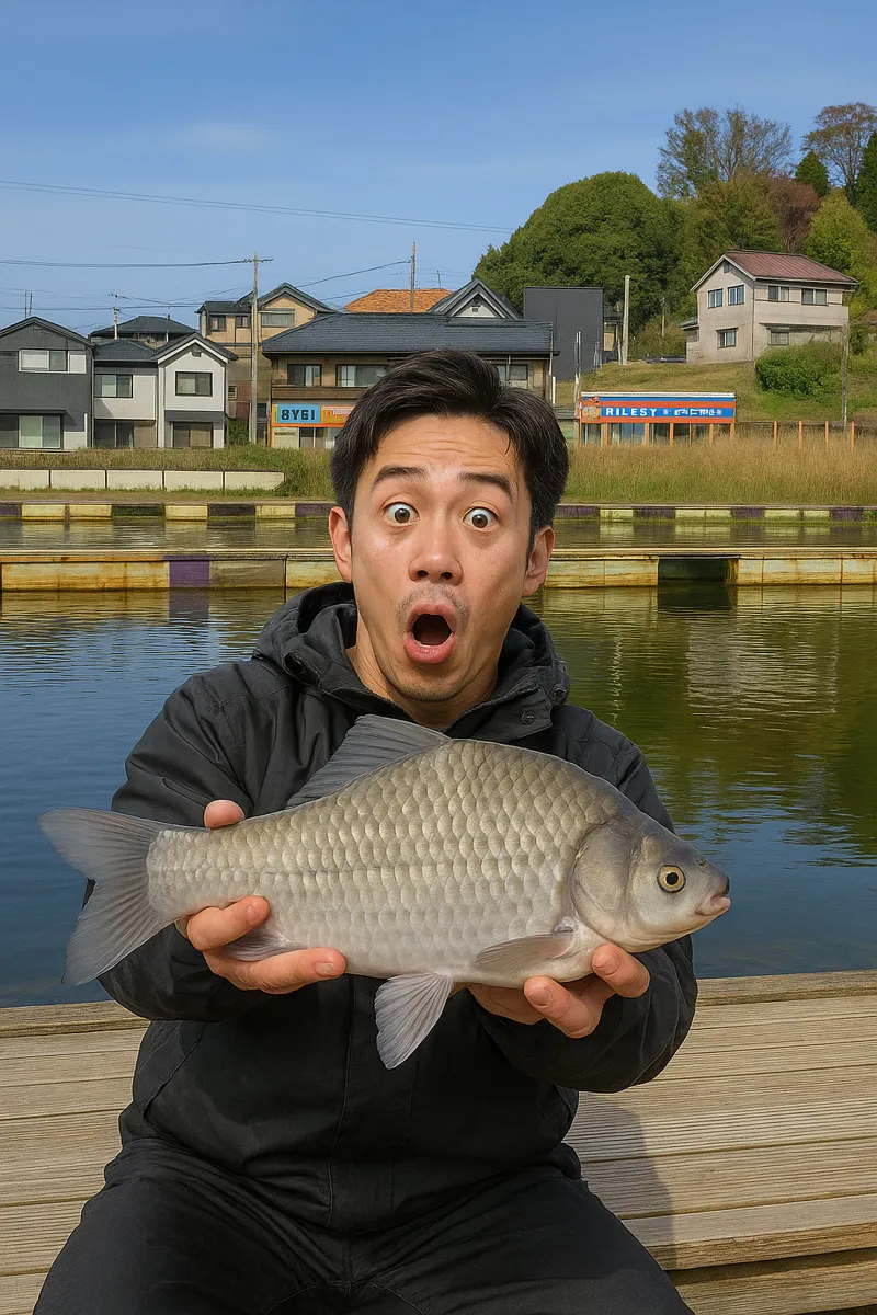 小川つり堀園でヘラブナの釣果を得た勝田.webp