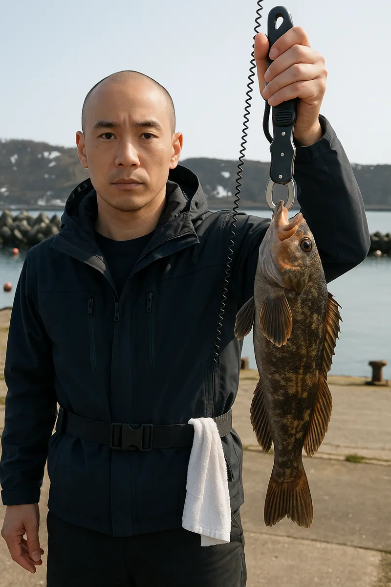小樽塩谷漁港でアブラコの釣果を得たがんだま君.webp