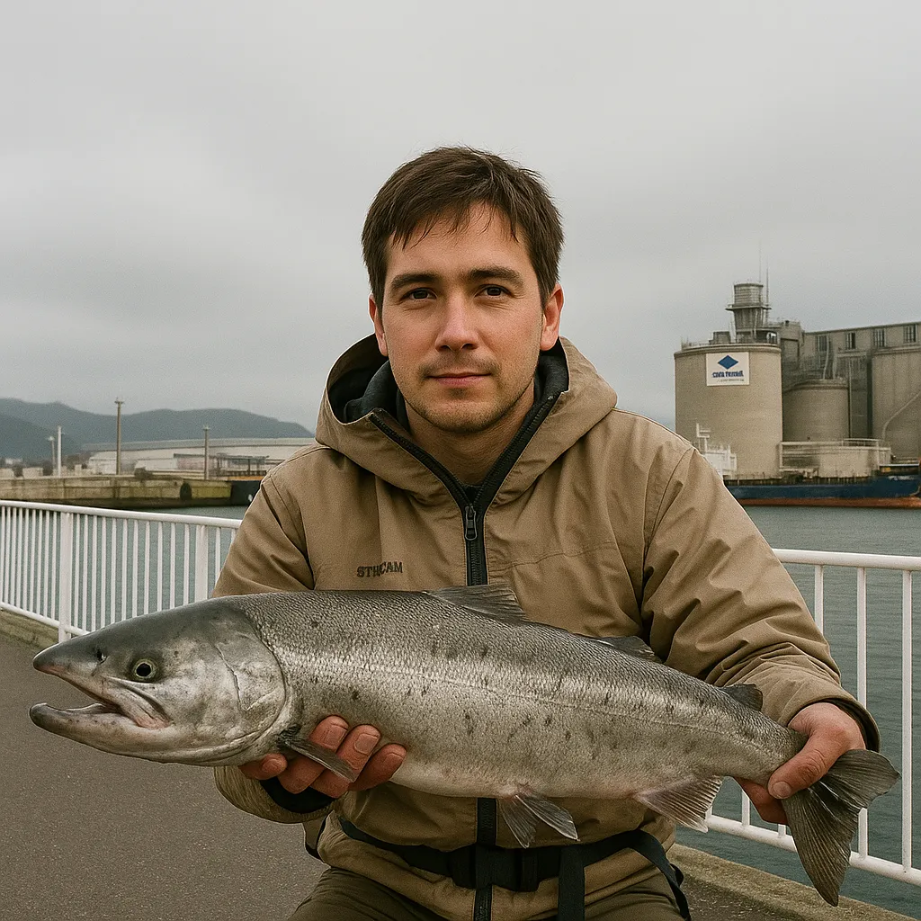 小樽港でサケの釣果を得た男性.webp