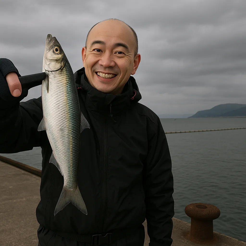 小樽港でニシンの釣果を得たがんだま君.webp
