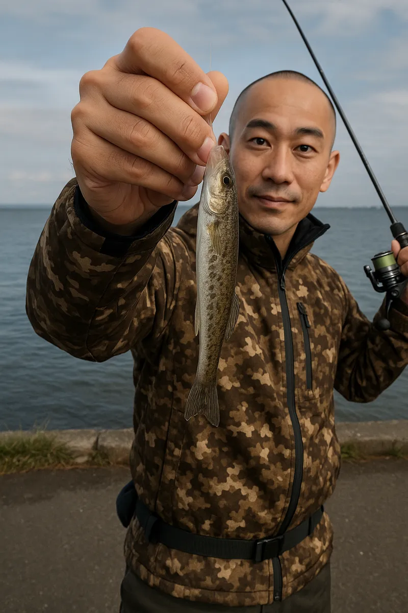 小樽港でハゼの釣果を得たがんだま君.webp