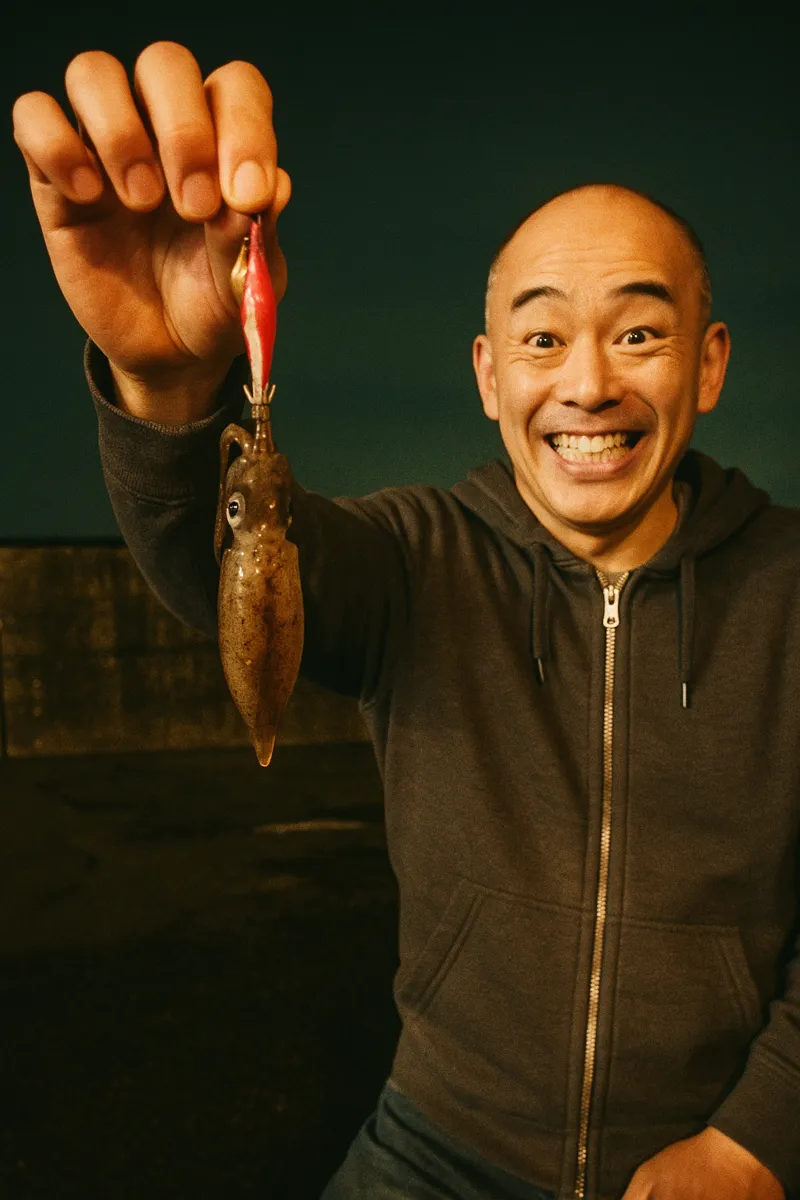 小樽港でマメイカの釣果を得たがんだま君.webp