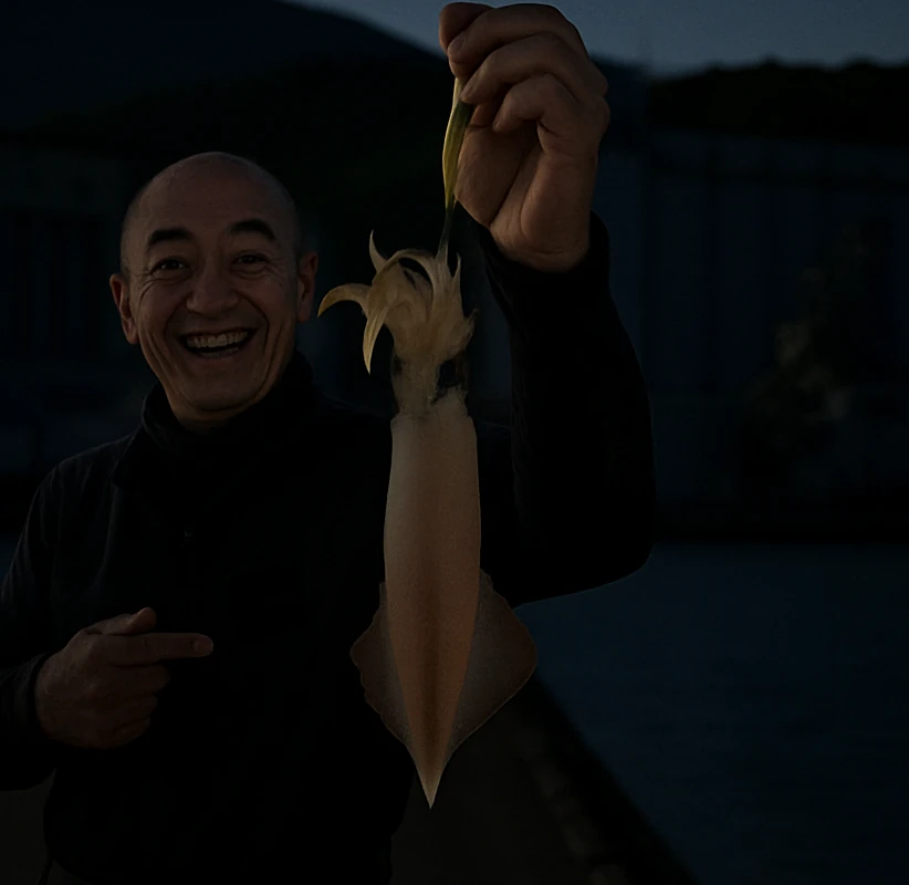 小樽港でヤリイカの釣果を得たがんだま君.webp