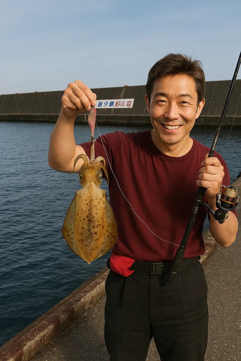 小谷石漁港でアオリイカの釣果を得た亀岡.webp