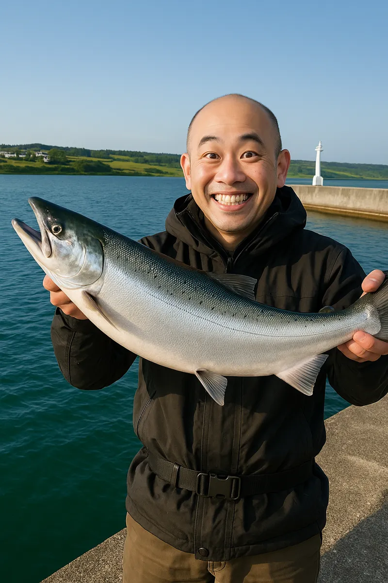 尾岱沼漁港でサケの釣果を得たがんだま君.webp