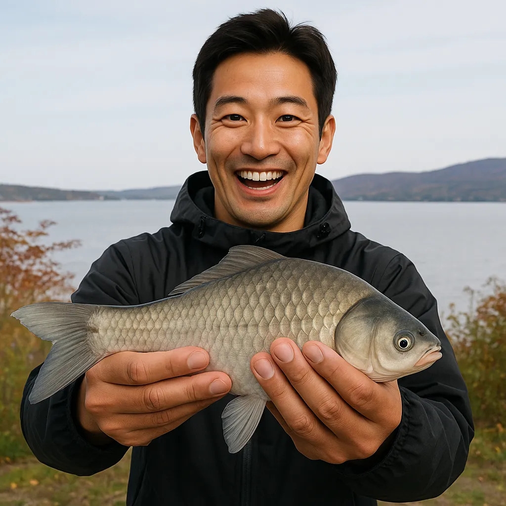 山中湖でヘラブナの釣果を得た勝田.webp