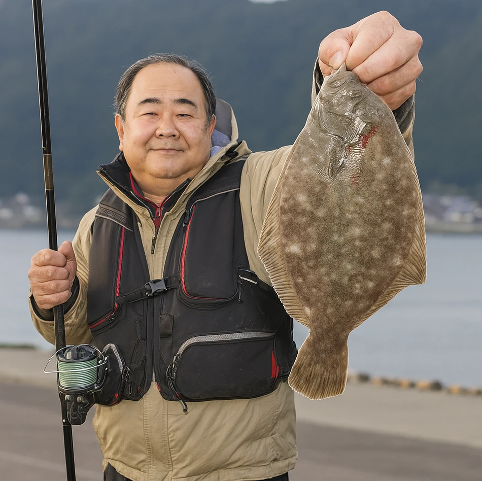 山背泊漁港でマコガレイの釣果を得た持田.webp