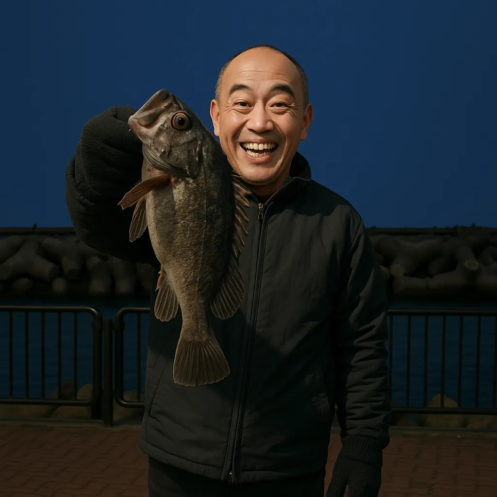 岩内港でソイの釣果を得たがんだま君.webp