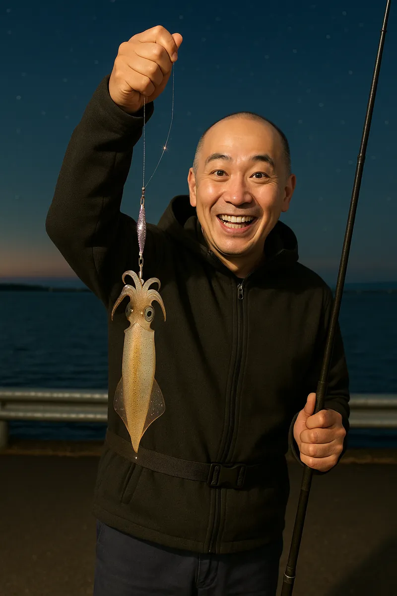 岩内港でマメイカの釣果を得たがんだま君.webp