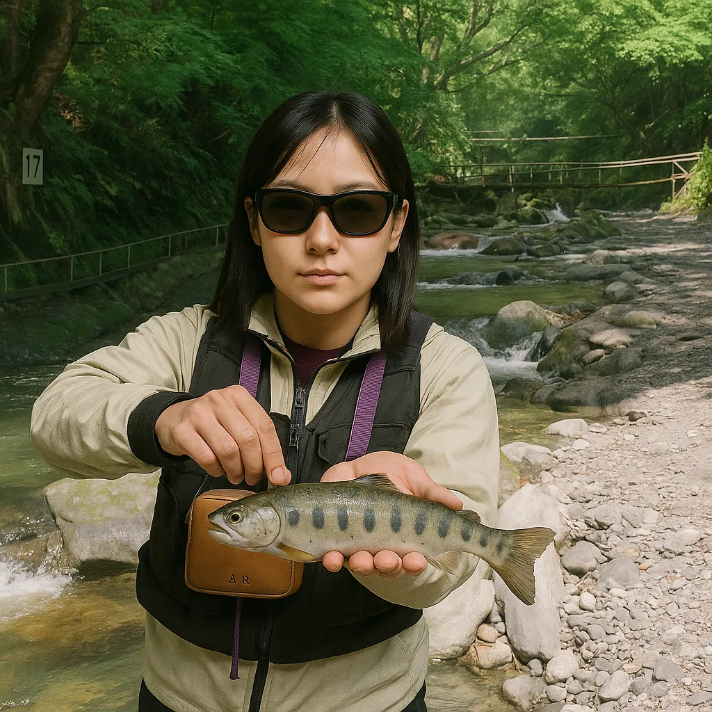 峰谷川渓流釣場でヤマメの釣果を得た女性.webp