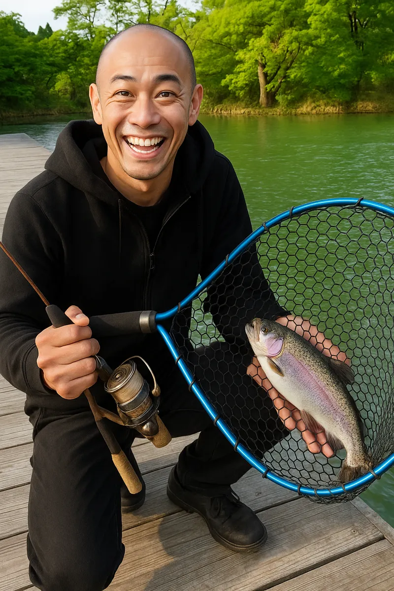 嵐山フィッシングエリアでニジマスの釣果を得たがんだま君.webp