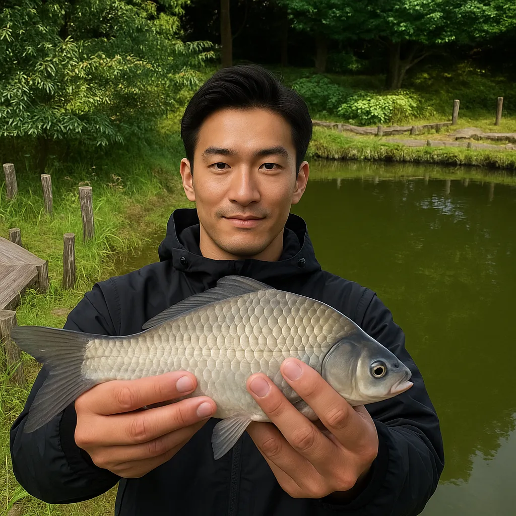川口自然公園でヘラブナの釣果を得た勝田.webp